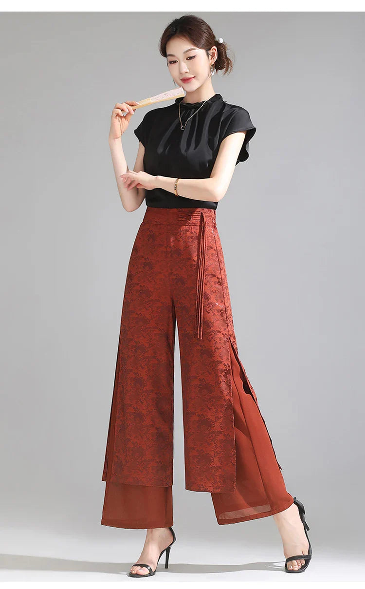 Chiffon Wide Wide Trousers Female Elegant Vintage New Pants Summer Thin Split Loose Skirt Pants Women Black Green