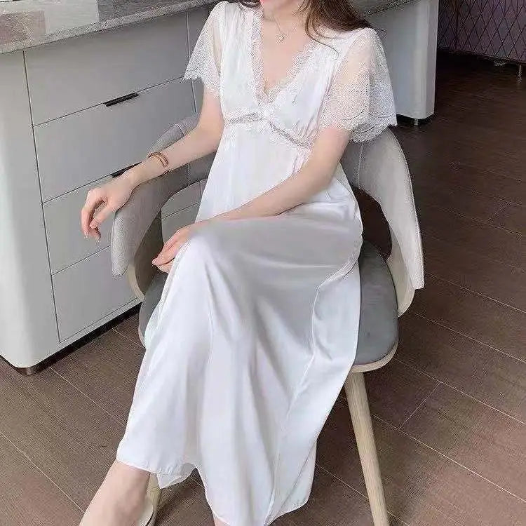 Summer Satin Night Dress Women Sleepwear With Bras Long Lace Nightgown Short Sleeve Sleepdress Loose Intimate Lingerie Nightwear