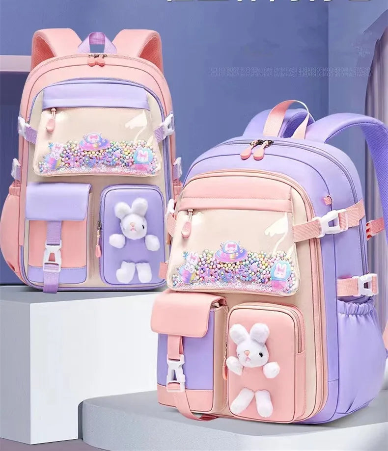Lovely Rabbit Backpack for Teen Girls Cute Cartoon Schoolbag for Elementary School Girls 2 Size Travel Backpack for Grade 1-9