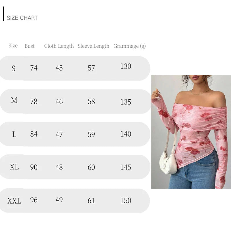 Sexy Irregular Off Shoulder Printed Long Sleeve T-Shirt Women Elegant Slim Fit T Shirts For Women Fashion Tops Tee