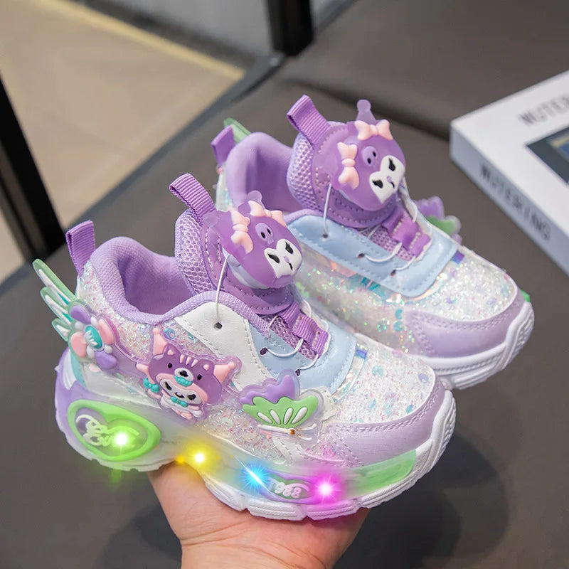 Kawaii Kuromi My melody Led Casual Sneakers Girl Cartoon Outdoors Rotating Buckle Shoes Children Led Luminous Sports Shoes