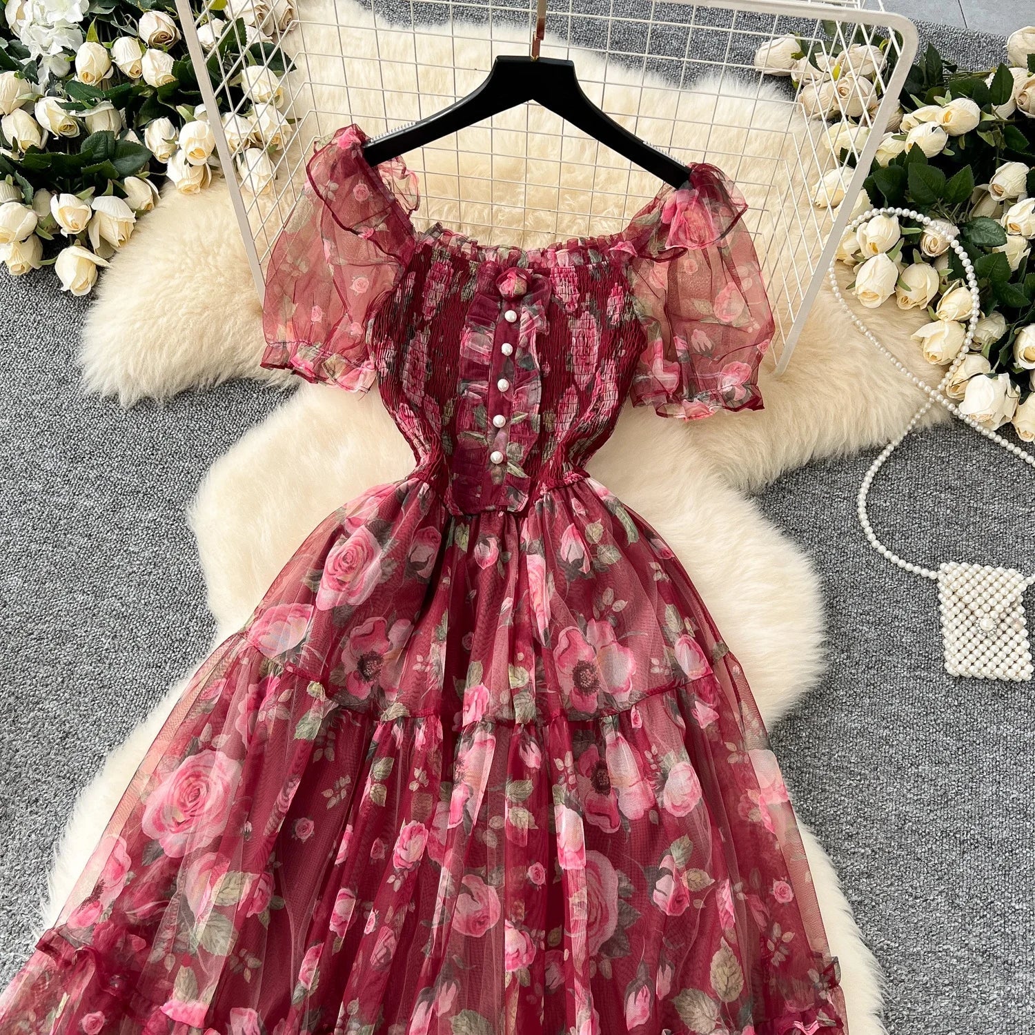 Retro Floral Chiffon Dr Women's Waist Cinched One oulder Bubble Sve Me Skirt Commute Korean Sle High Waist A-Line...