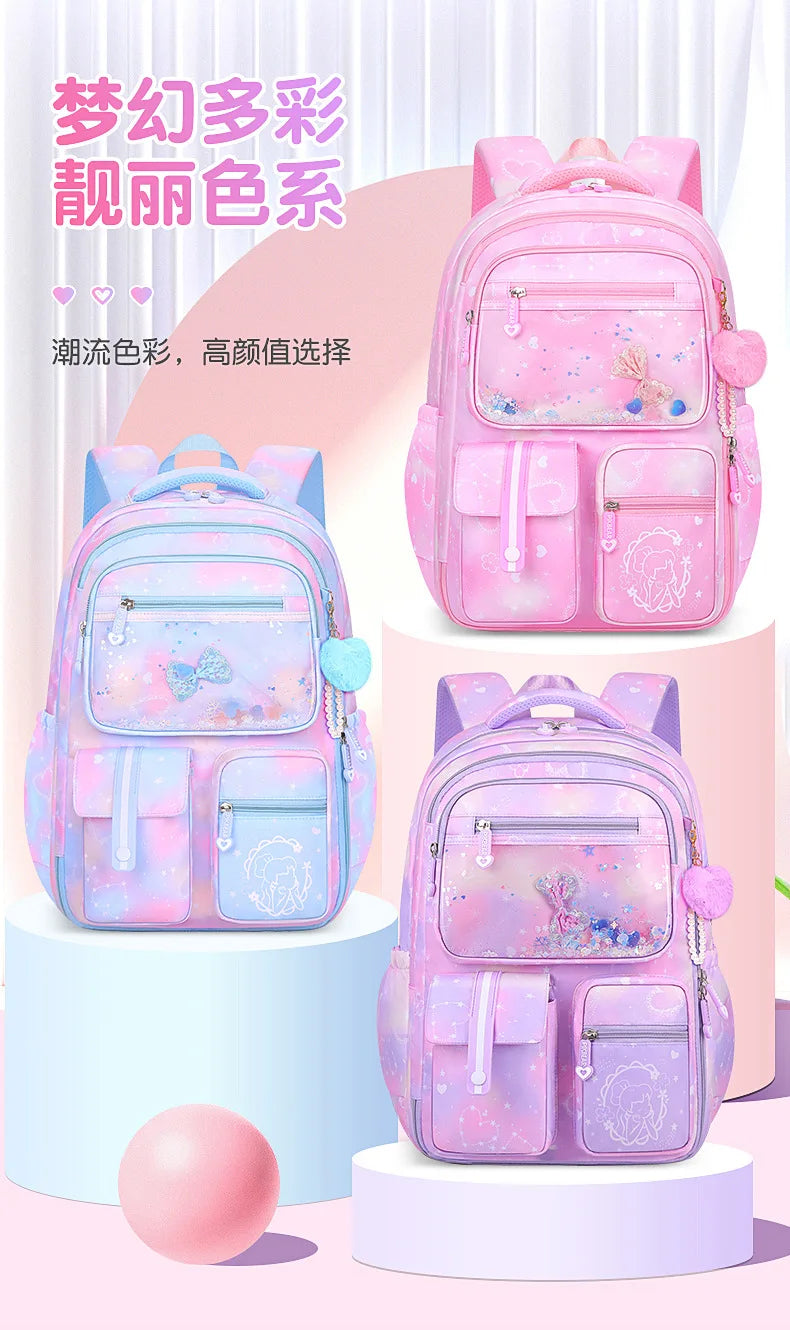 Refrigerator Door Multiple Pockets Light Burden Reduction Elementary School Bag Female Children's Backpack with Pendant