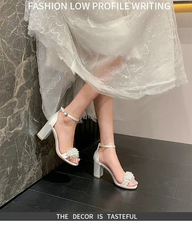 2025 New Style Thick Heel Line With Round Head Large Size Sandals Pearl Buckle High Heel White Bridal Wedding Shoes For Female