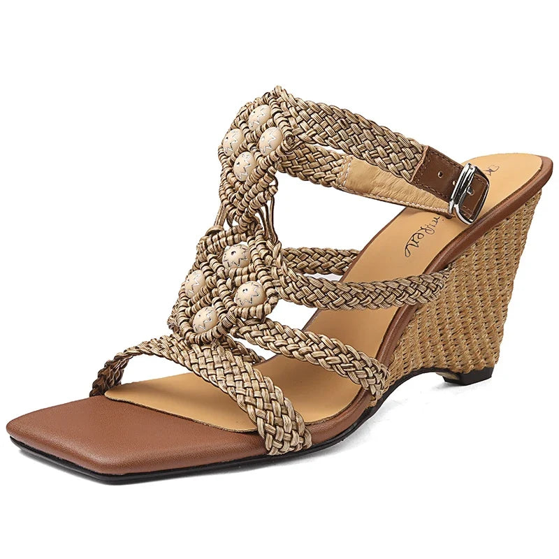 Drestrive 2025 New Arrival Fashion Women's Sandals Square Toe Wedges Weave Buckle Thick High Heels Top Quality Summer Shoes