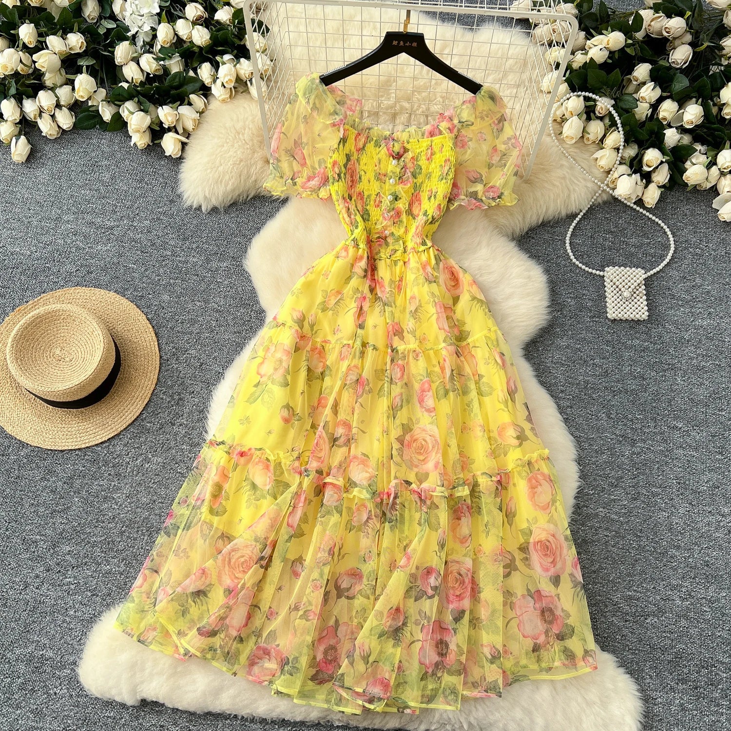 Retro Floral Chiffon Dr Women's Waist Cinched One oulder Bubble Sve Me Skirt Commute Korean Sle High Waist A-Line...