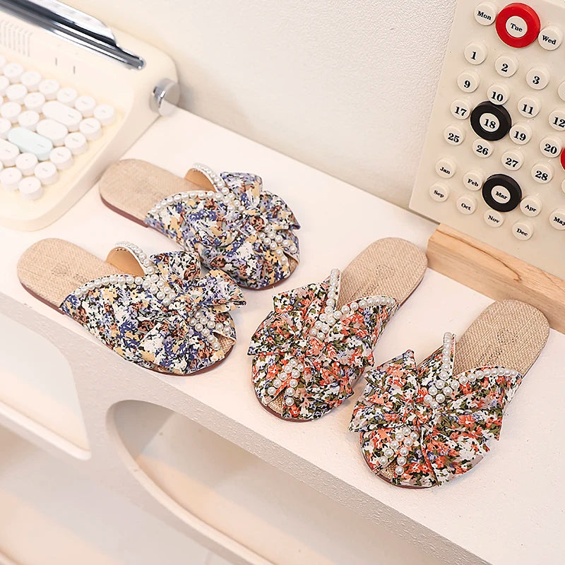 Sweet Girl's Slippers Flower Pearl Elegant Blue Orange Children Sliders Leisure Peep Toe 26-36 Light Slip-on Kids Summer Shoes