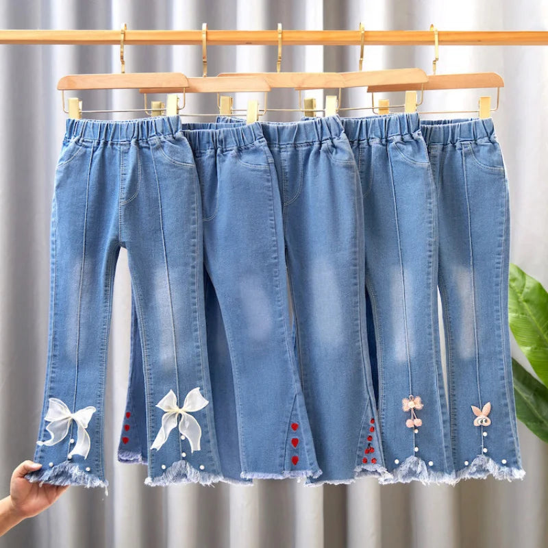 Girls Blue Jeans for Children's Fashion Clothing Princess Kids Denim Wide-leg Pants Baby Teens Girl Flared Bow Applique Trousers