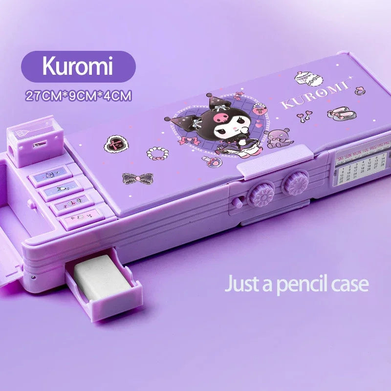 Sanrio Multifunction Stationery Box Kuromi Melody Cinnamoroll Bilayer Coded Lock Pencil Box Large Capacity Students Supply Gift