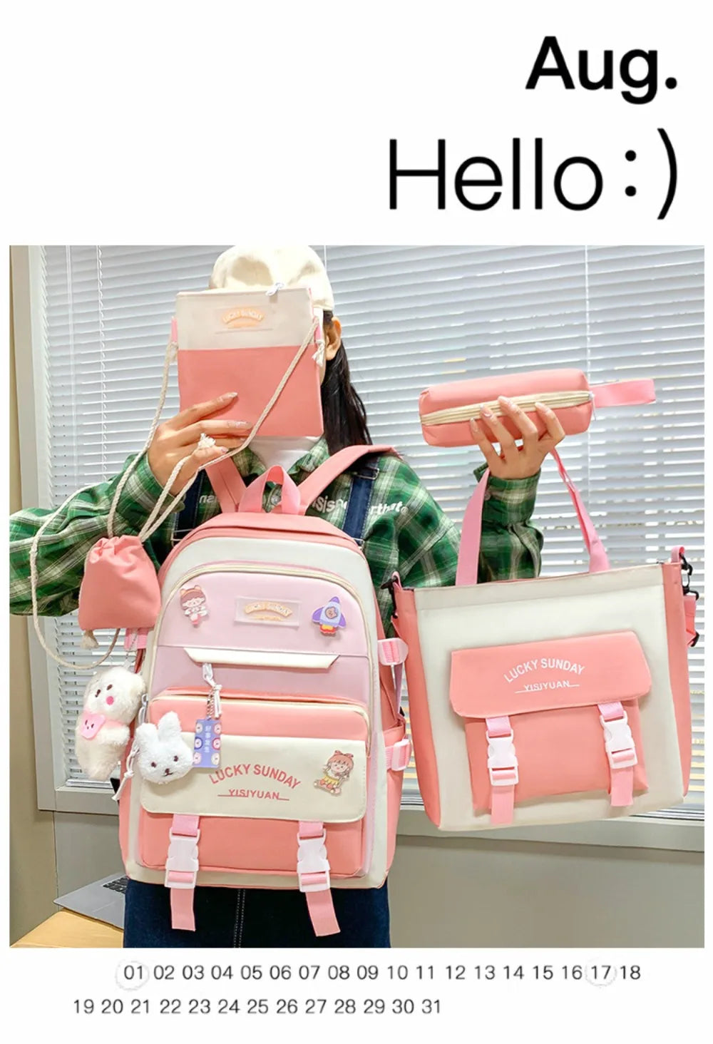 5 Pcs Cute Large Capacity Backpack Set Multifunctional Breathable Student Schoolbag Buckle Coin Purse School