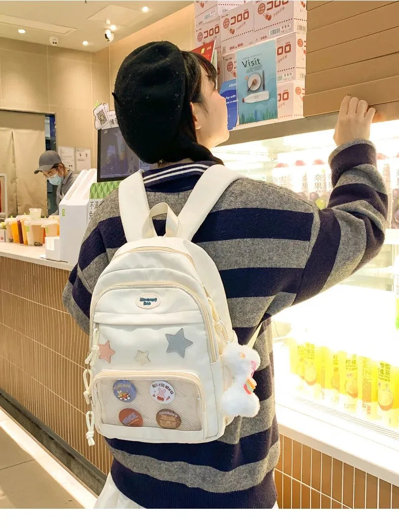 Casual Transparent Badge Large Capacity Commuter Backpack Suitable for Middle School Students Cute School Style Double Shoulder