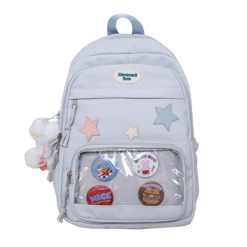Casual Transparent Badge Large Capacity Commuter Backpack Suitable for Middle School Students Cute School Style Double Shoulder