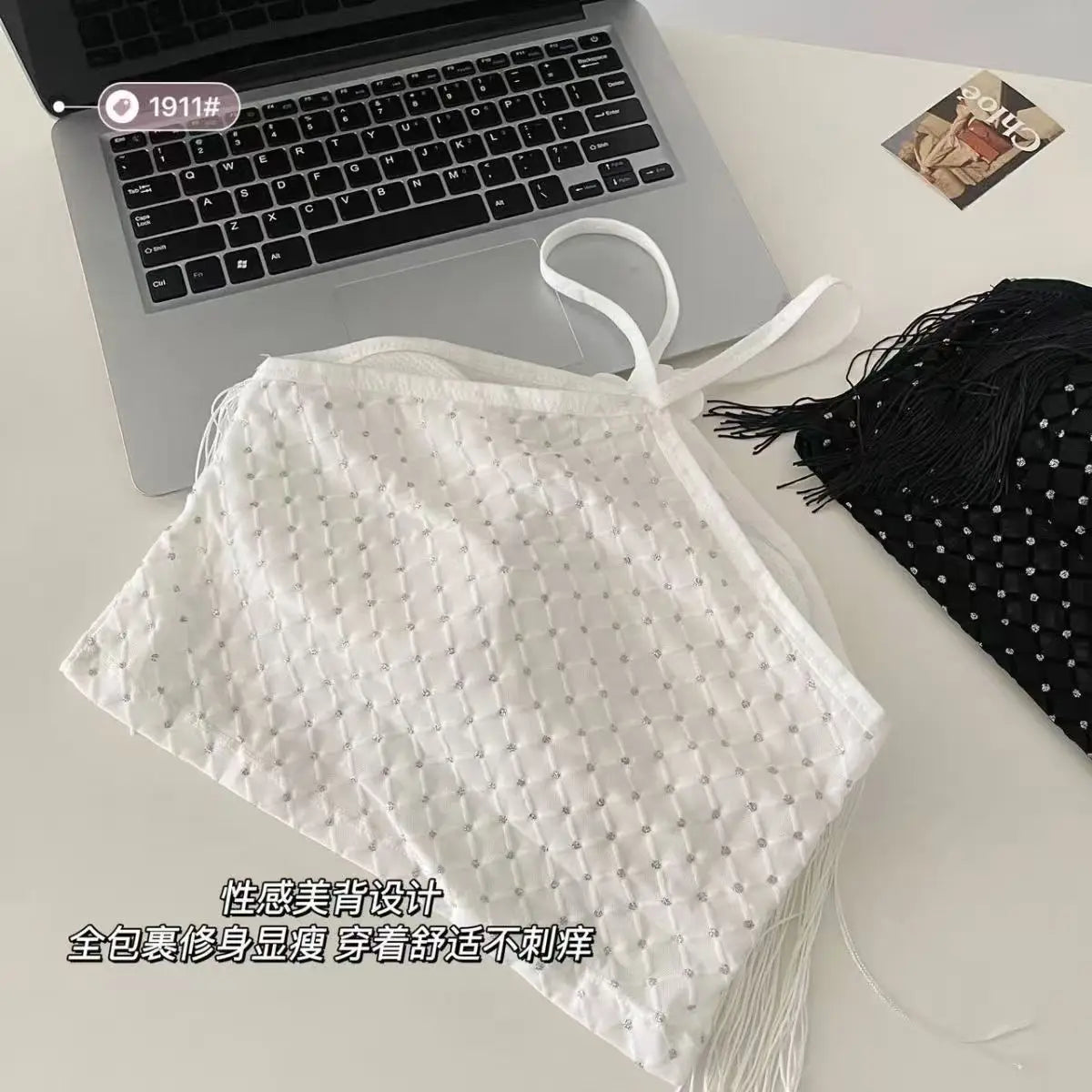 Decorative Halter Top with Padded Cups, Long Tassel, Pearl Sparkling Diamond, Retro Millennial Style, Sexy Halter