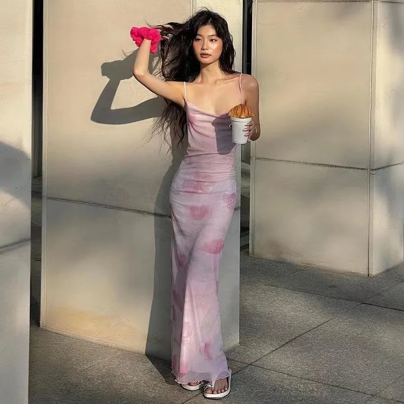 European and American Women's Fashion New Sweet and Spicy Style Off-Shoulder Mesh Printed Long Camisole Dress