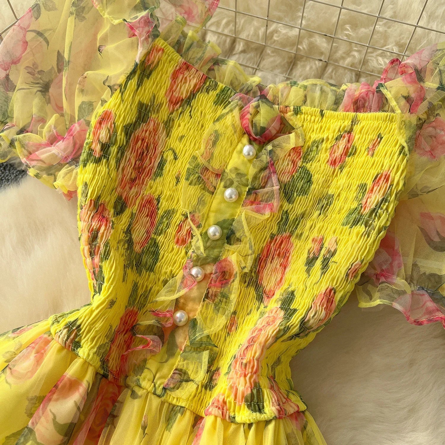 Retro Floral Chiffon Dr Women's Waist Cinched One oulder Bubble Sve Me Skirt Commute Korean Sle High Waist A-Line...