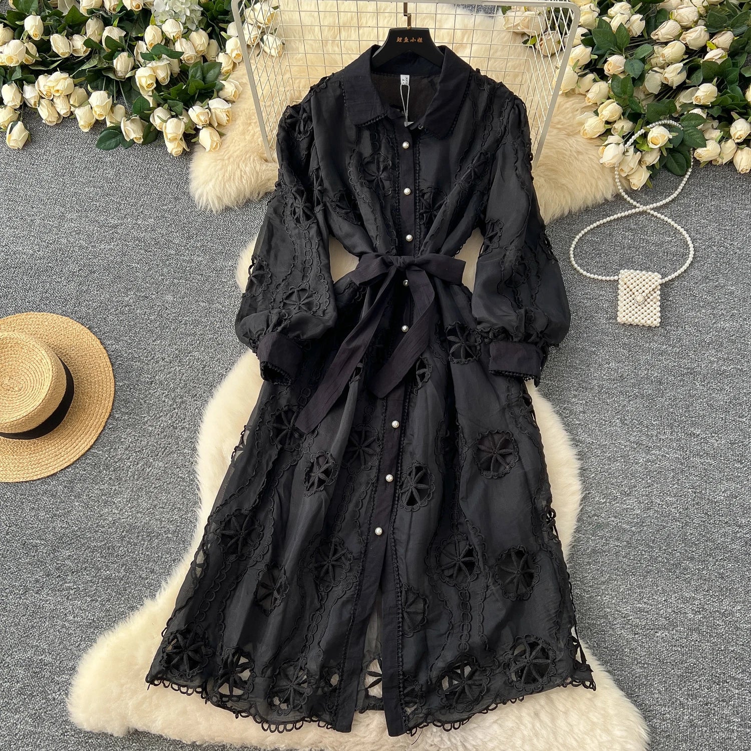 Elegant Embroidery Vintage Lantern Sleeves Lapel Single Breasted Chic Bandage Slim Long Dresses Women High Street Clothing