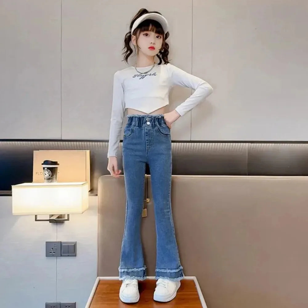 Baby Girls Jeans Children's Clothing Kids Clothes Casual Streetwear Vintage Denim Bell Bottoms Cute Kids Pants Cowboy