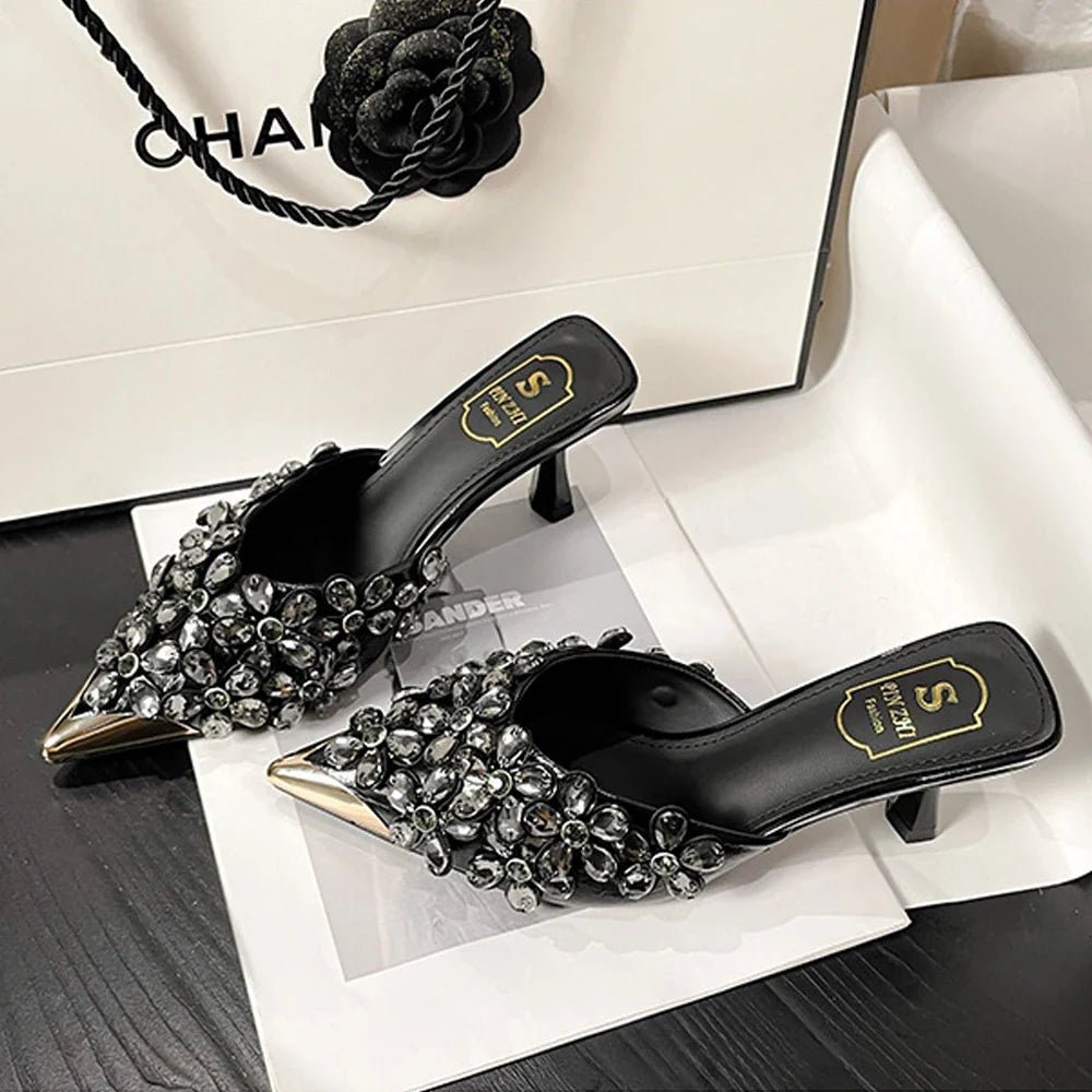Summer Women High Heel Shoes Plus Size Fashion Rhinestone Women Slippers Point Toe Heel Half Slippers Designer Sexy Party Shoes