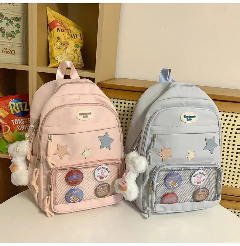 Casual Transparent Badge Large Capacity Commuter Backpack Suitable for Middle School Students Cute School Style Double Shoulder
