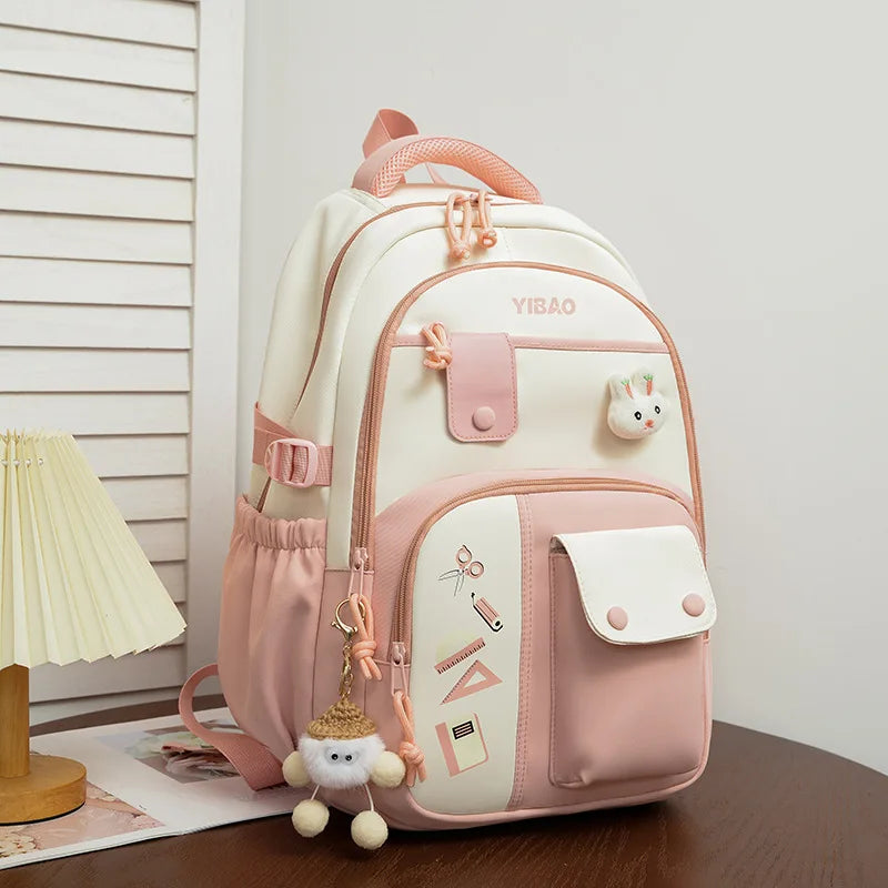 New cute rabbit children school backpack Fashionable splicing color contrast fresh lady knapsack kids schoolbags bring a doll