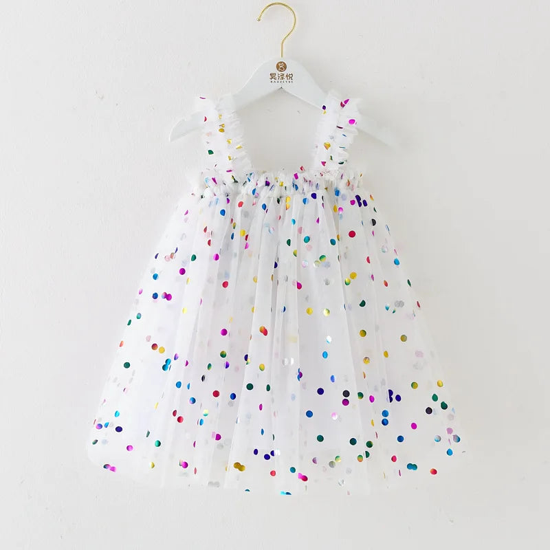 Girls Summer Dresses 2025 New Fashion Sweetheart Colorful Sequin Tulle Dress Kids Vacation Birthday Party Princess Dress