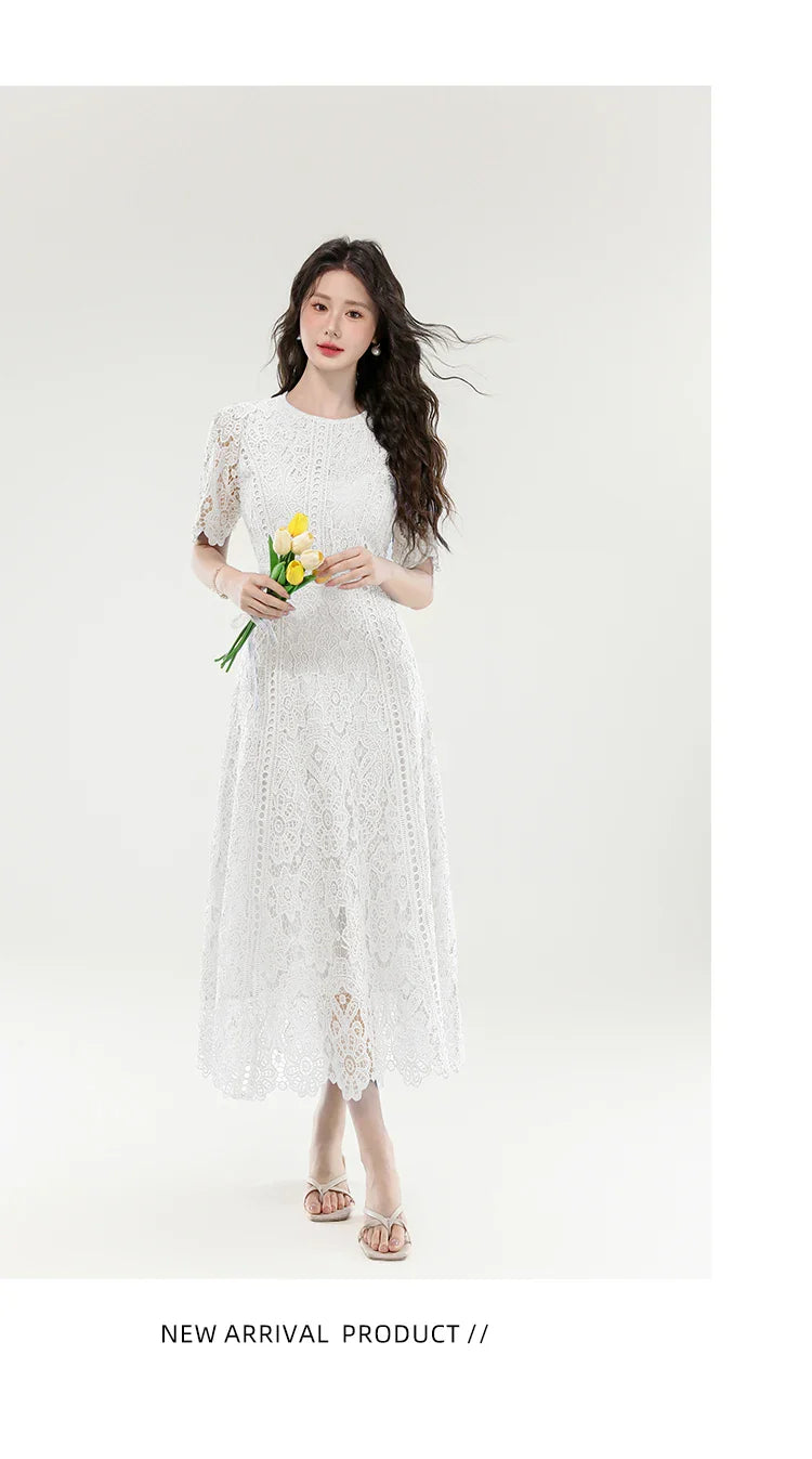 High Quality Lace Hollow Out Women Long Elegant Office Dress Summer French Chic Casual Vintage Purple Short Sleeve A-line Dress