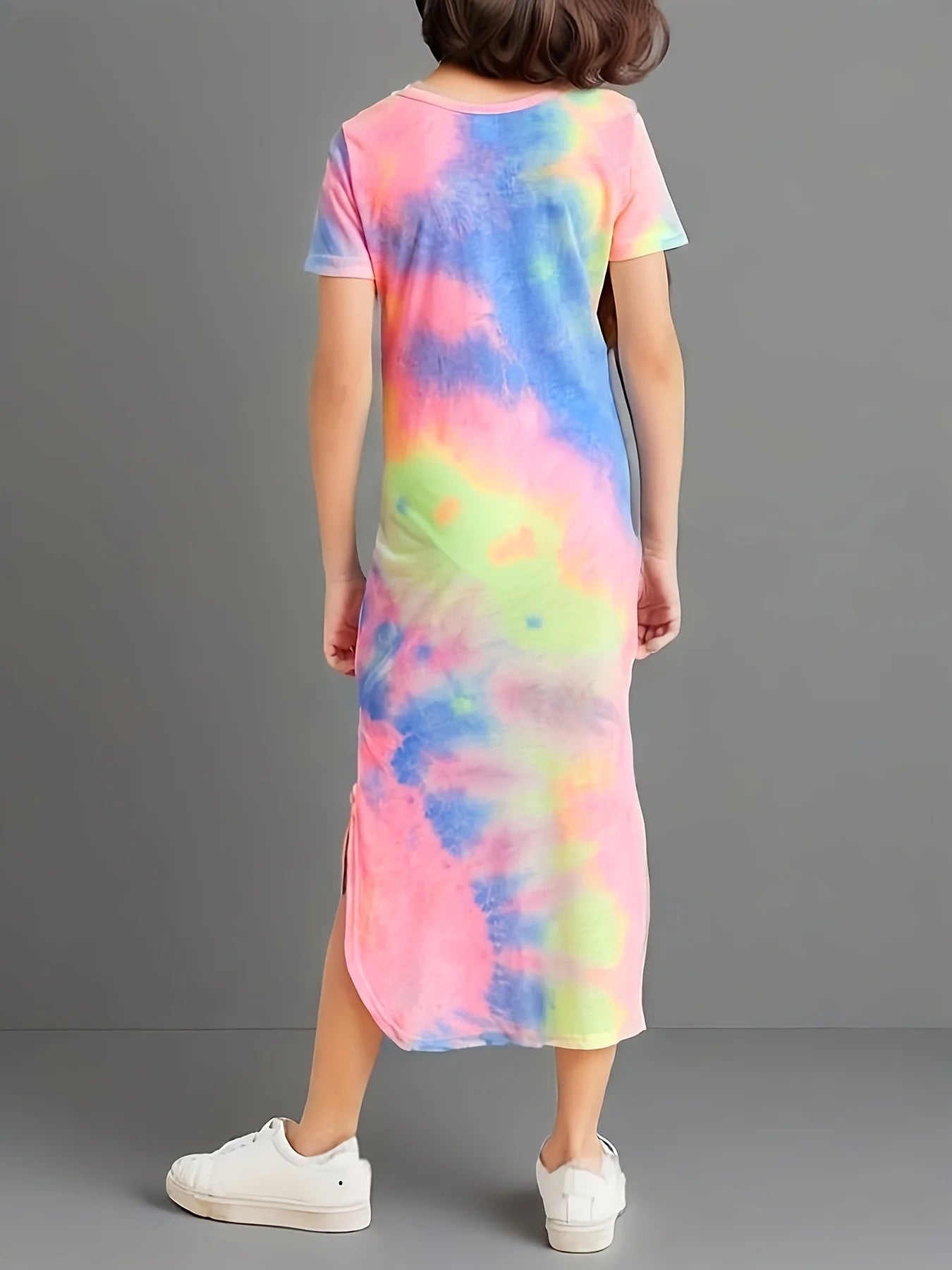 Girls' Dress Spring and Summer Thin Short-Sleeved Mid-Length Slim Fit Fashionable Girl's Summer Clothing Printed and Dyed in Random Positions