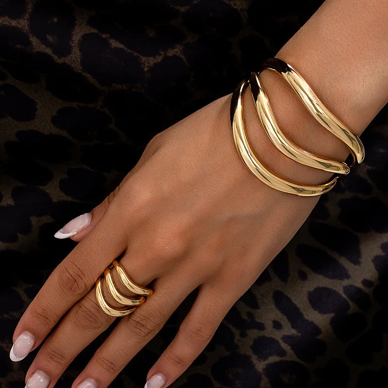 Exaggerated Creativity Irregular Geometric Wide Cuff Bracelet Ring Set for Women Simple Fashion Hand Jewelry Hot Sale Party Gift