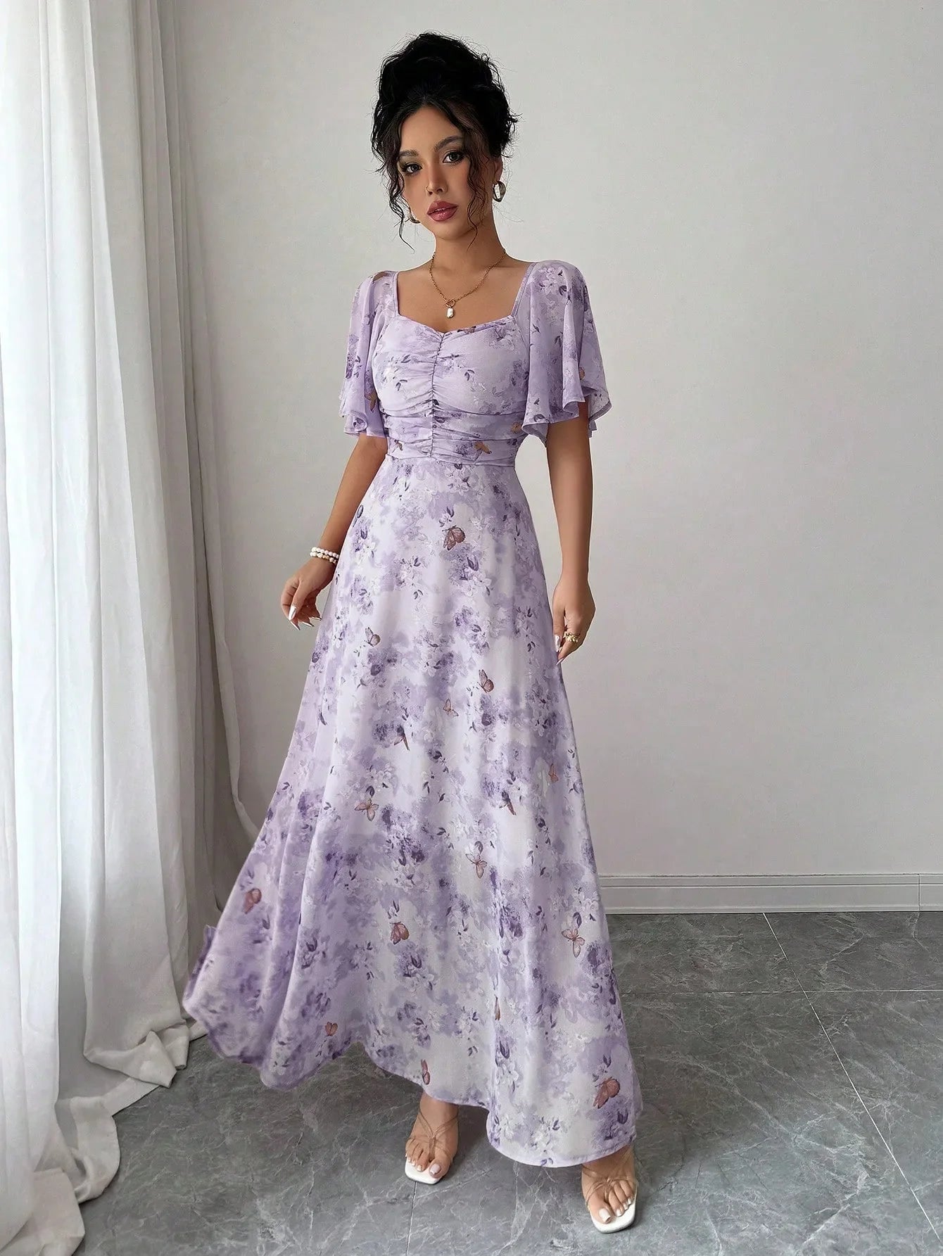 Fashionable Long Floral Print Dress Women's New Summer Slimming Age-Defying Dress Empire Waist Bubble Sleeve Knee-Length