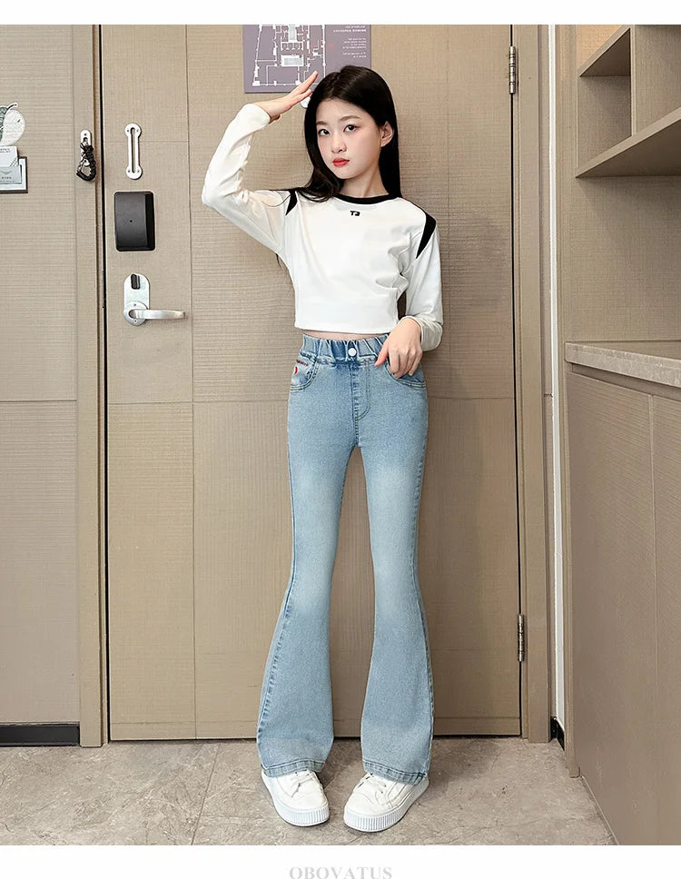 Child Slim Close-fitting Heart Pattern Flared Jeans For Girls Elegant Boot Cut Denim Leggings Pants Kids Fashion Jeans Trousers