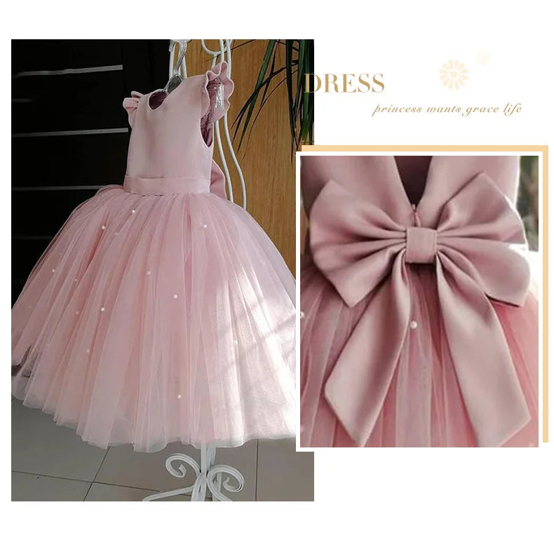 Baby Girl Party Dress Back Bow Elegant Flying Sleeve Mesh Tutu Dress with Pearl Solid Flower Girl Wedding Dress Birthday Gowns