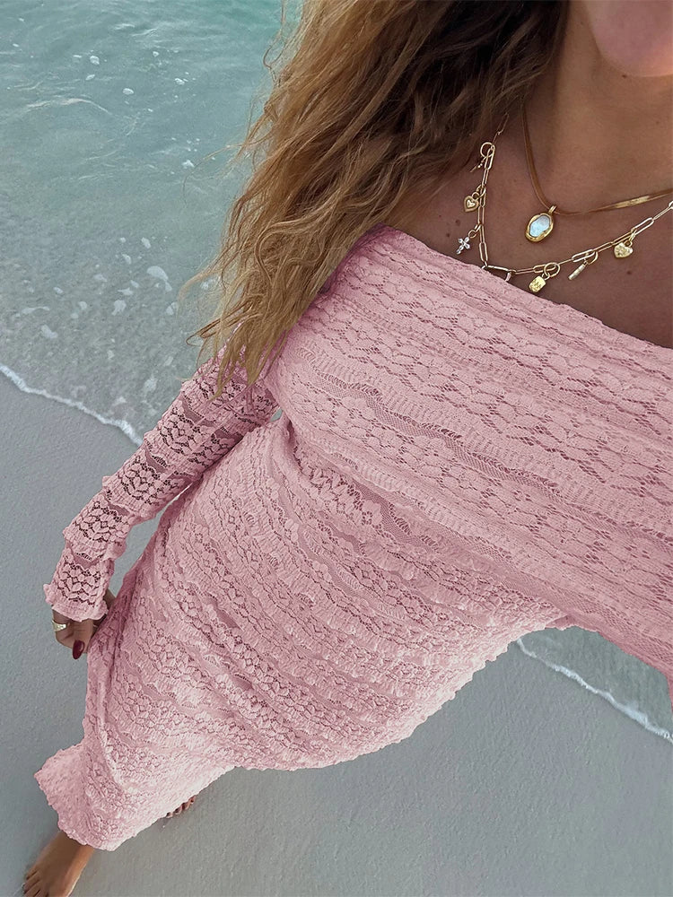 Weird Puss Jacquard Vacation Dress Women Lapel Slash Neck Backless See Through Full Sleeve Beach Party Elegant Chic Long Bodycon