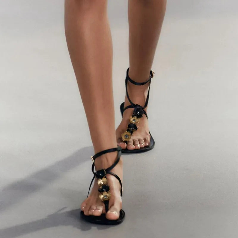 Luxury Crystal Flowers Decor Women Flats Sandals Sexy Ankle Strap Summer Beach Slides Fashion Streetwear Modern Sandals Shoes