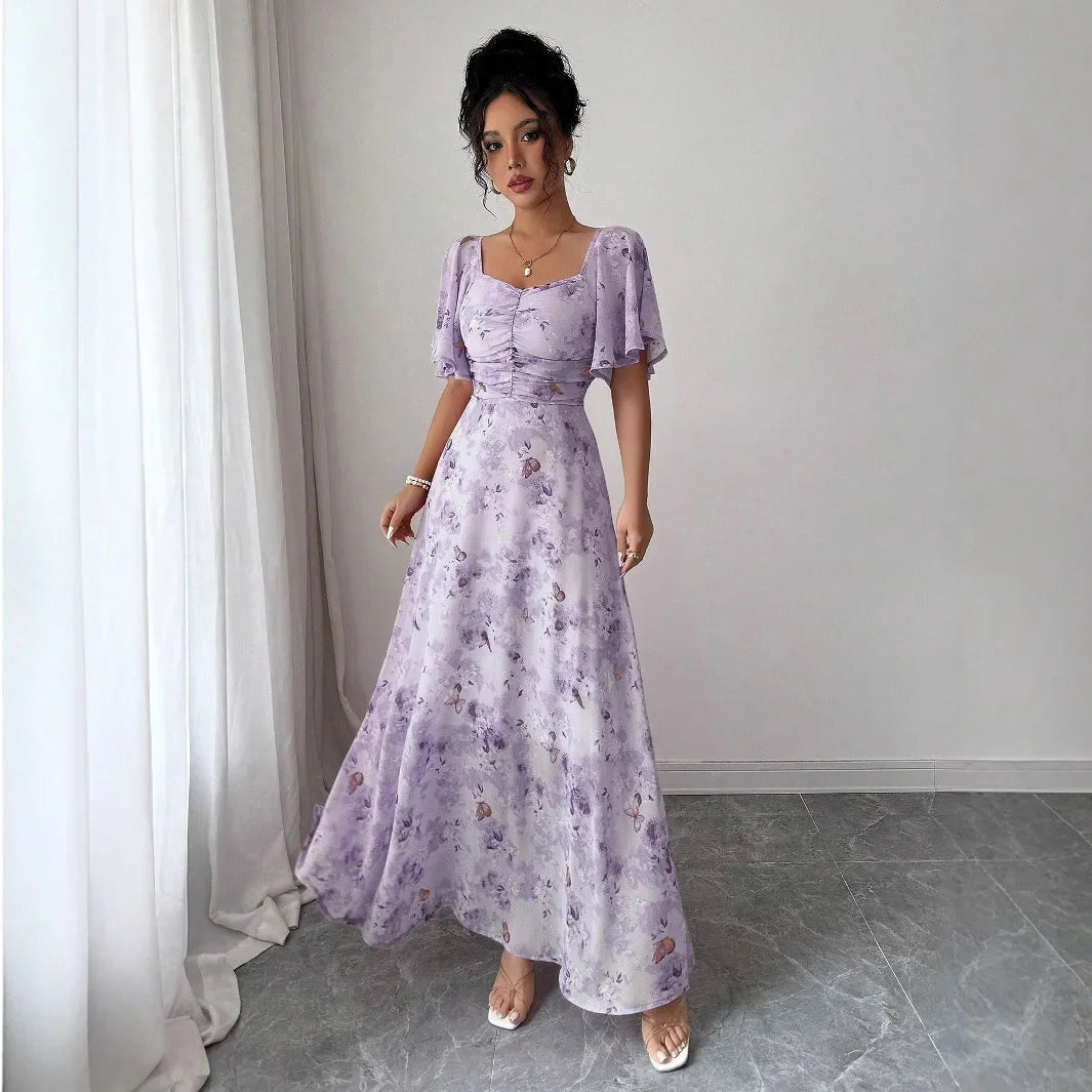 Fashionable Long Floral Print Dress Women's New Summer Slimming Age-Defying Dress Empire Waist Bubble Sleeve Knee-Length