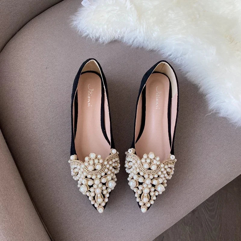 2024 Trend Pearl Ballet Flats Women Pumps Floors Shoes Without Heels Loafers Female Dress Moccasins Ladies Luxury Autumn Zapatos