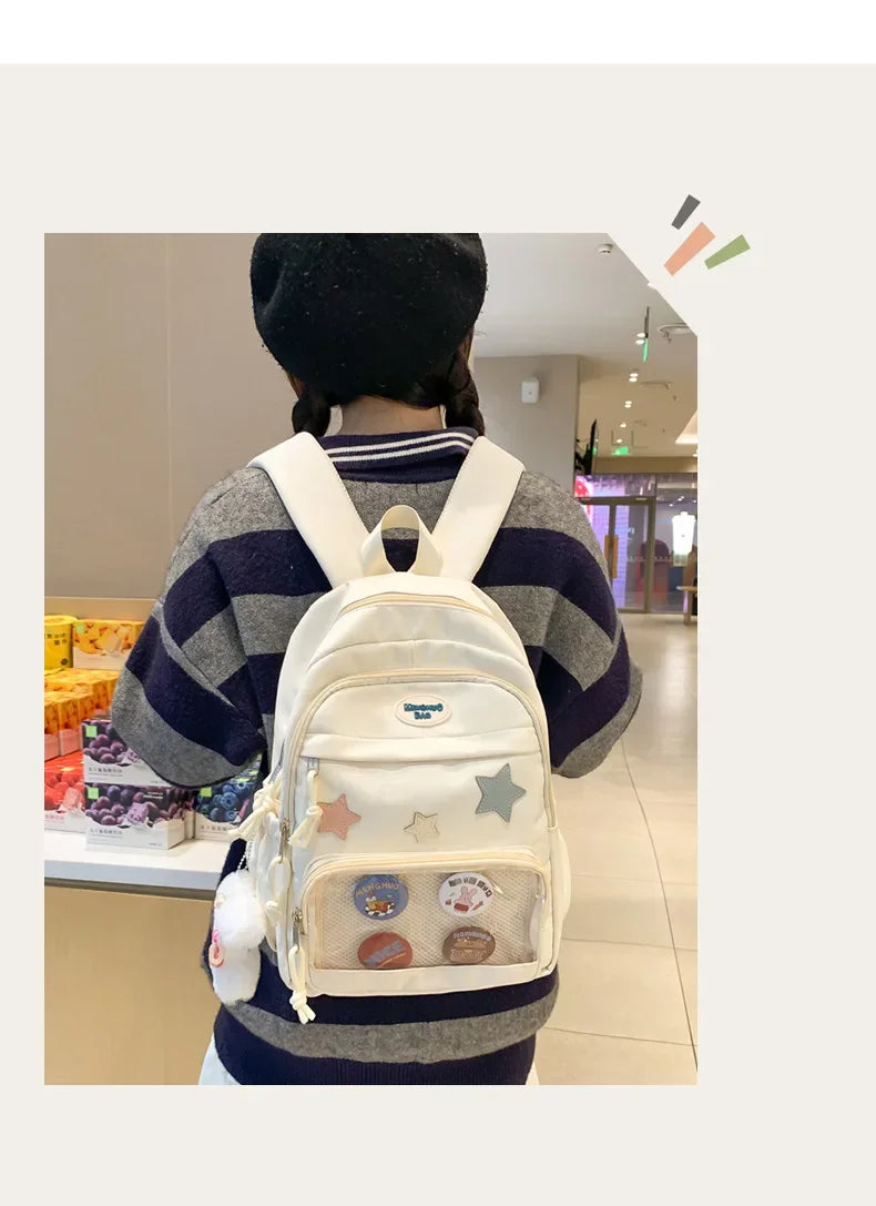 Casual Transparent Badge Large Capacity Commuter Backpack Suitable for Middle School Students Cute School Style Double Shoulder