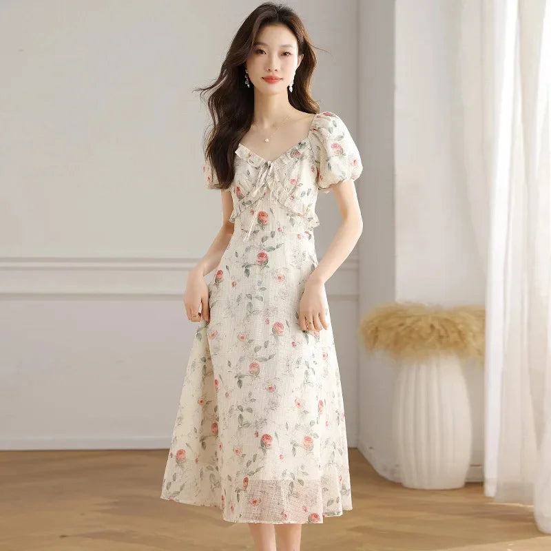 Elegant Summer Dress with Bubble Sleeves And Bellflower Pattern Slimming Empire Waist Knee-Length Polyester Fiber Short Sleeve