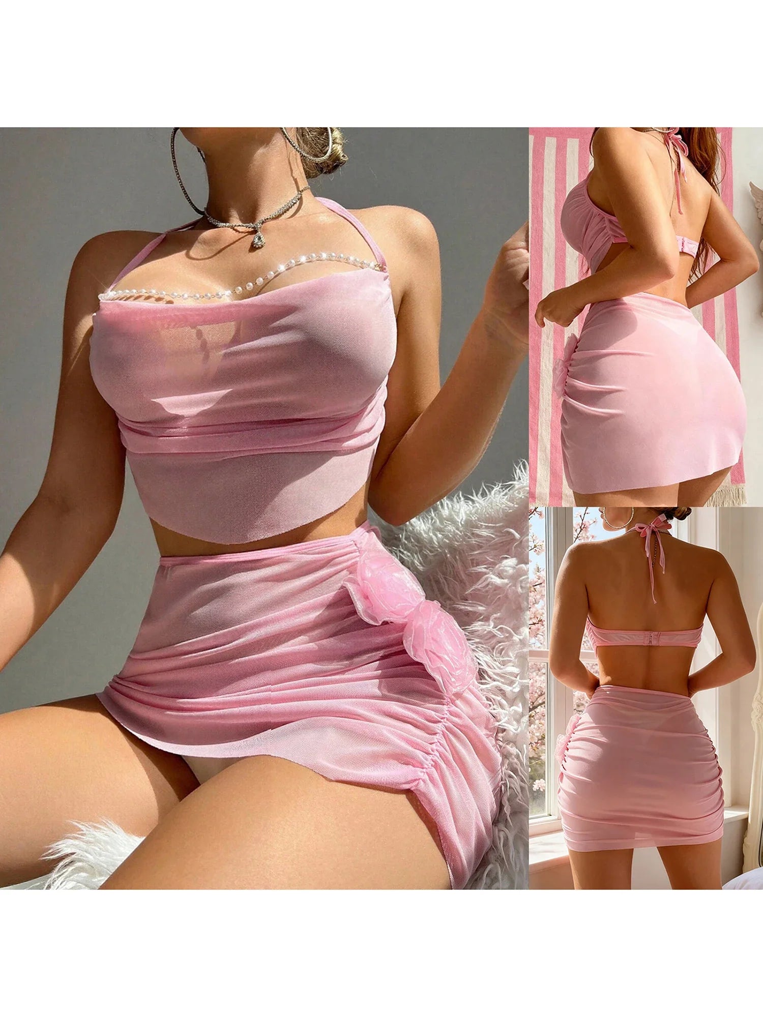 Women's Erotic Naughty Lingerie Sets Halter Neck Pearl Chain Tops Mini Mesh Skirt Outfit