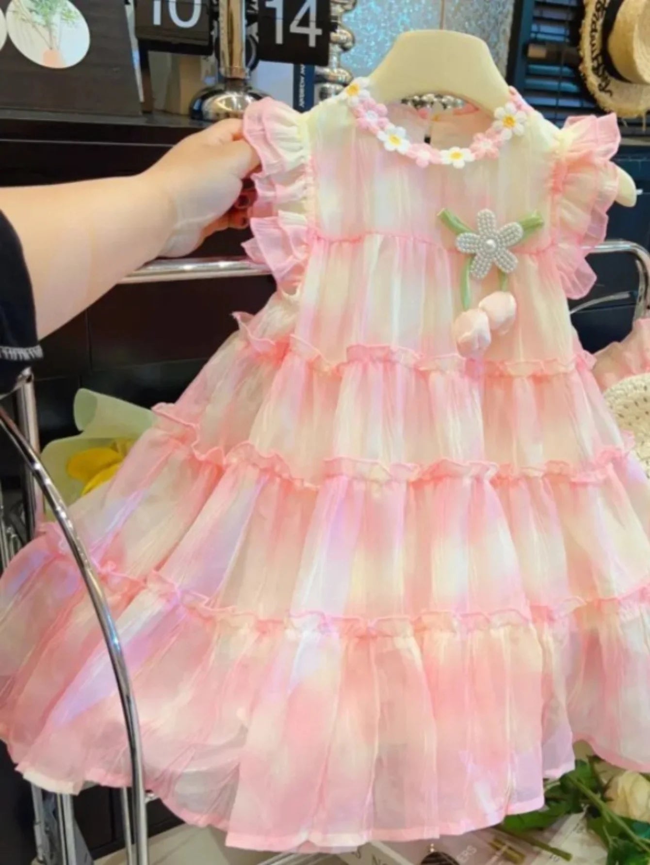 Girls’ Lightweight Summer Dress with Matching Sun Hat – Ombre-Print Chiffon-Look Outfit with Detachable Floral Accent