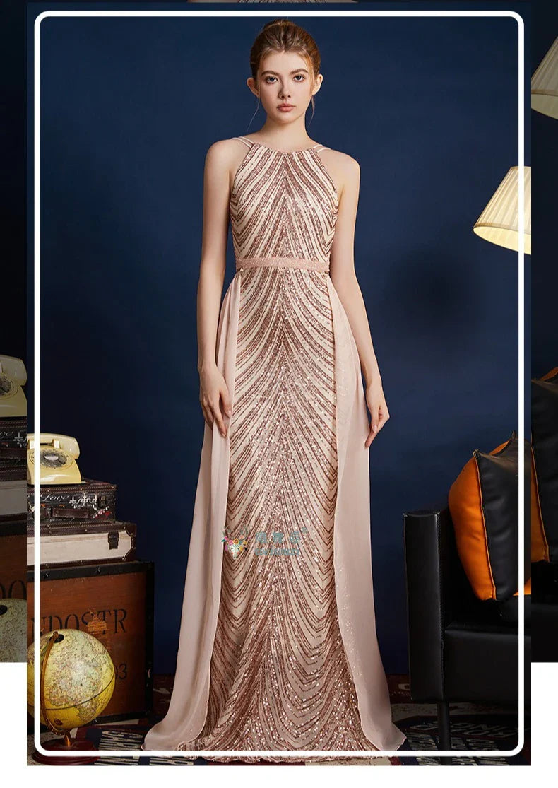 Chic High Sleeveless Sexy Backless Beading Sequined Mermaid Formal Evening Dresses Birthday Party Prom Gowns Elegant Luxury