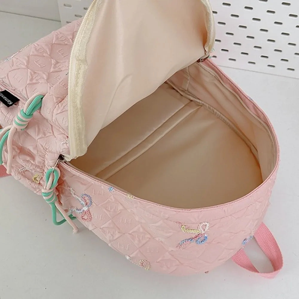 Fashion Embroidered Bow Backpack Nylon Large Capacity Students Schoolbag Multiple Pockets Wear-resistant Travel Rucksack