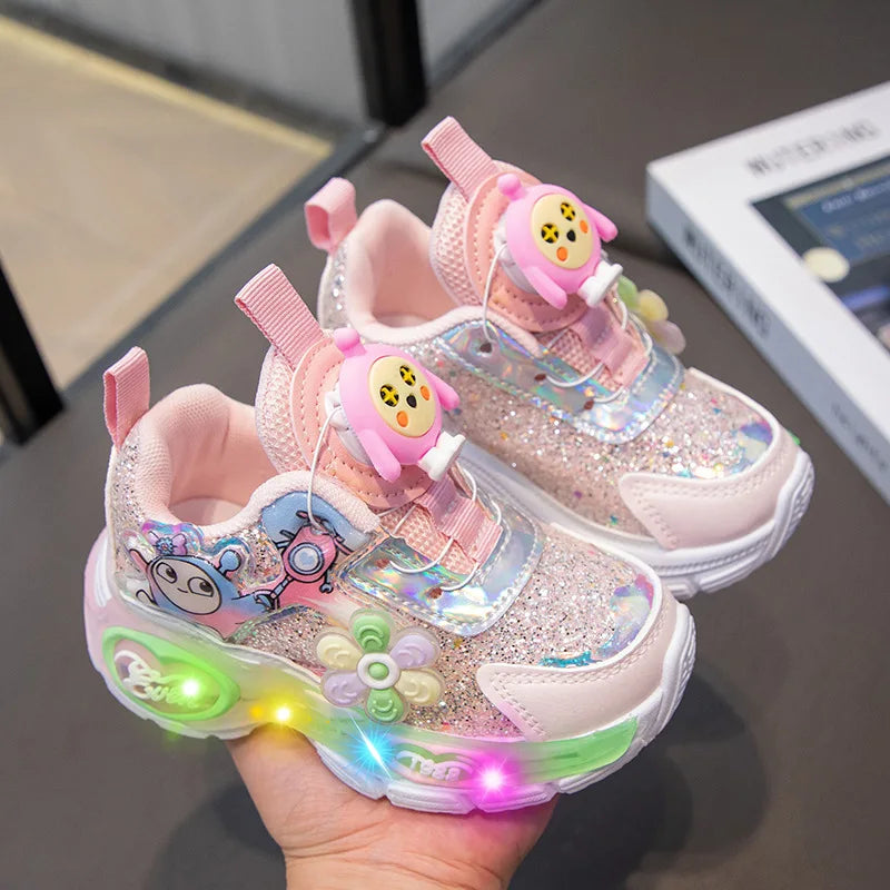 Kawaii Kuromi My melody Led Casual Sneakers Girl Cartoon Outdoors Rotating Buckle Shoes Children Led Luminous Sports Shoes