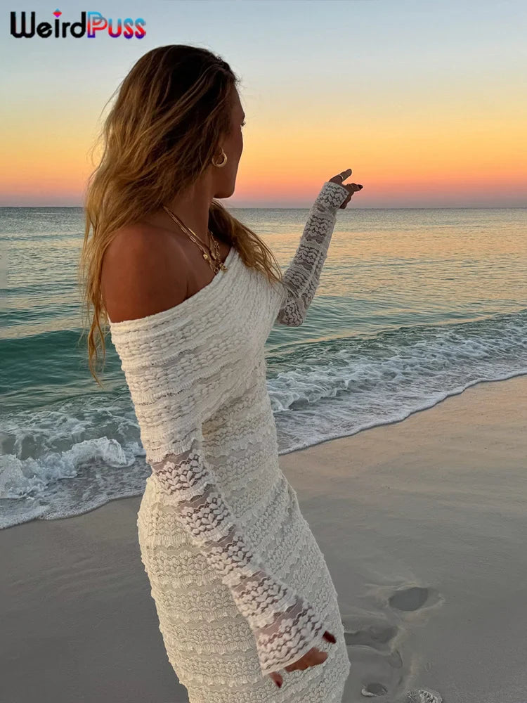Cutenew Slash Neck Dress Women Sexy See Through Lapel Backless Full Sleeve Vacation Beach Party Elegant Skinny Maxi Vestidos