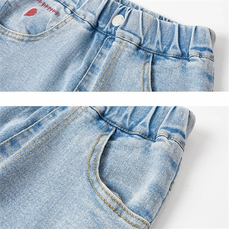 Child Slim Close-fitting Heart Pattern Flared Jeans For Girls Elegant Boot Cut Denim Leggings Pants Kids Fashion Jeans Trousers
