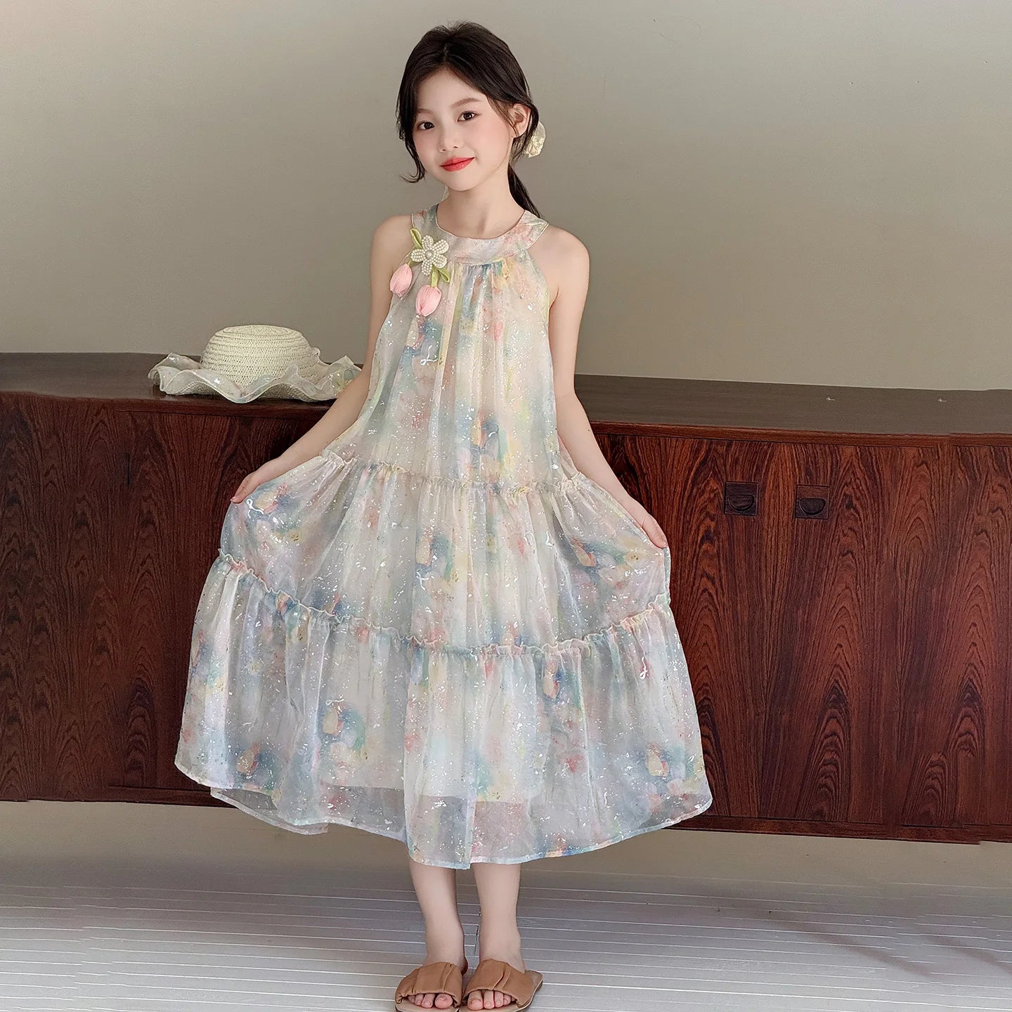 Princ Sle Floral Print Summer Dr for Girls Children's Clothing Big Kids Beach Vaion Skirt Breathable Soft Fabric