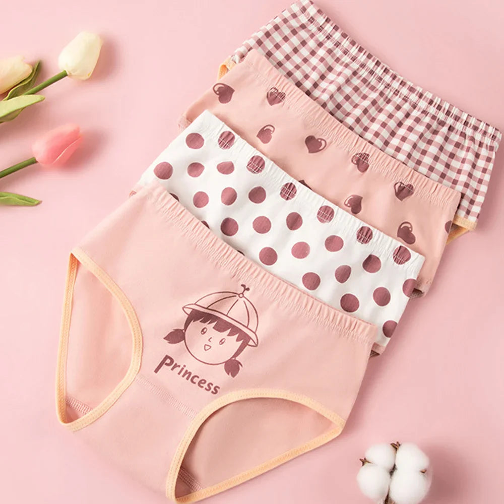 4Pcs Girls Cotton Panties Kid Breathable Soft Pretty Cartoon Briefs Young Children Underwears Toddler Antibacterial Knickers