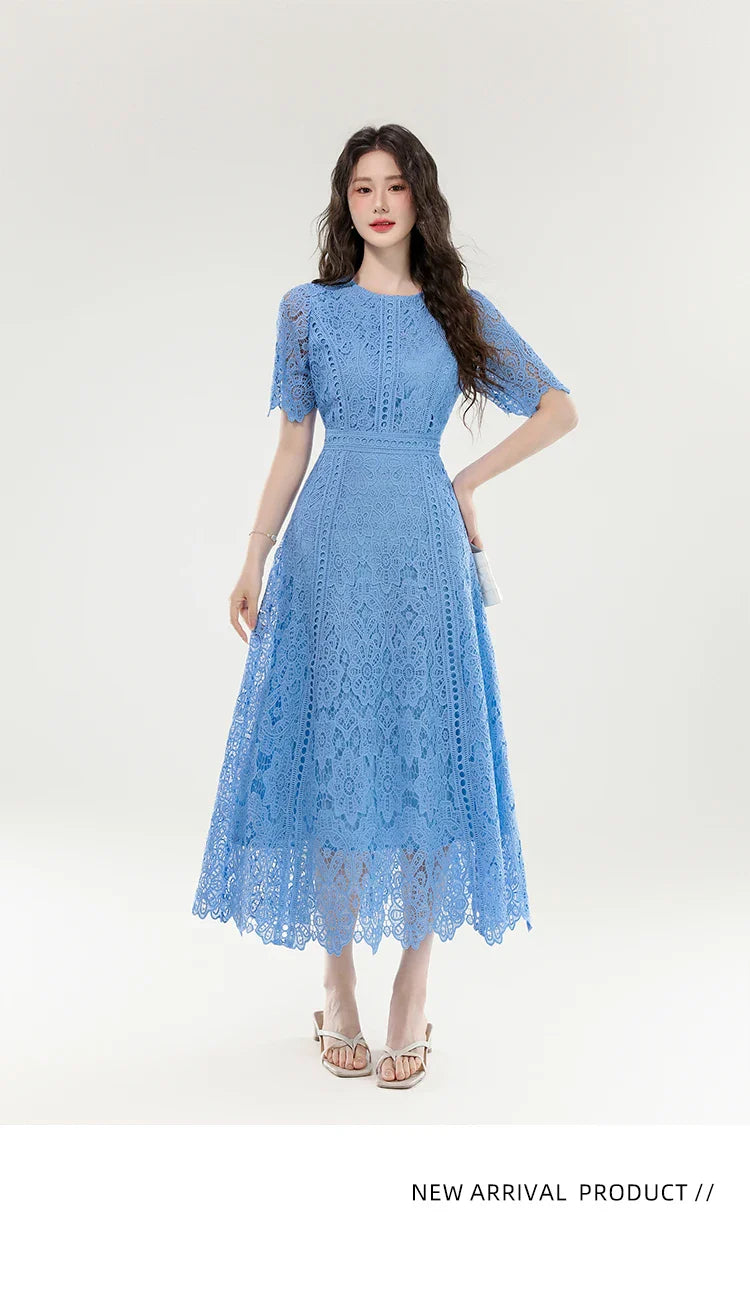 High Quality Lace Hollow Out Women Long Elegant Office Dress Summer French Chic Casual Vintage Purple Short Sleeve A-line Dress