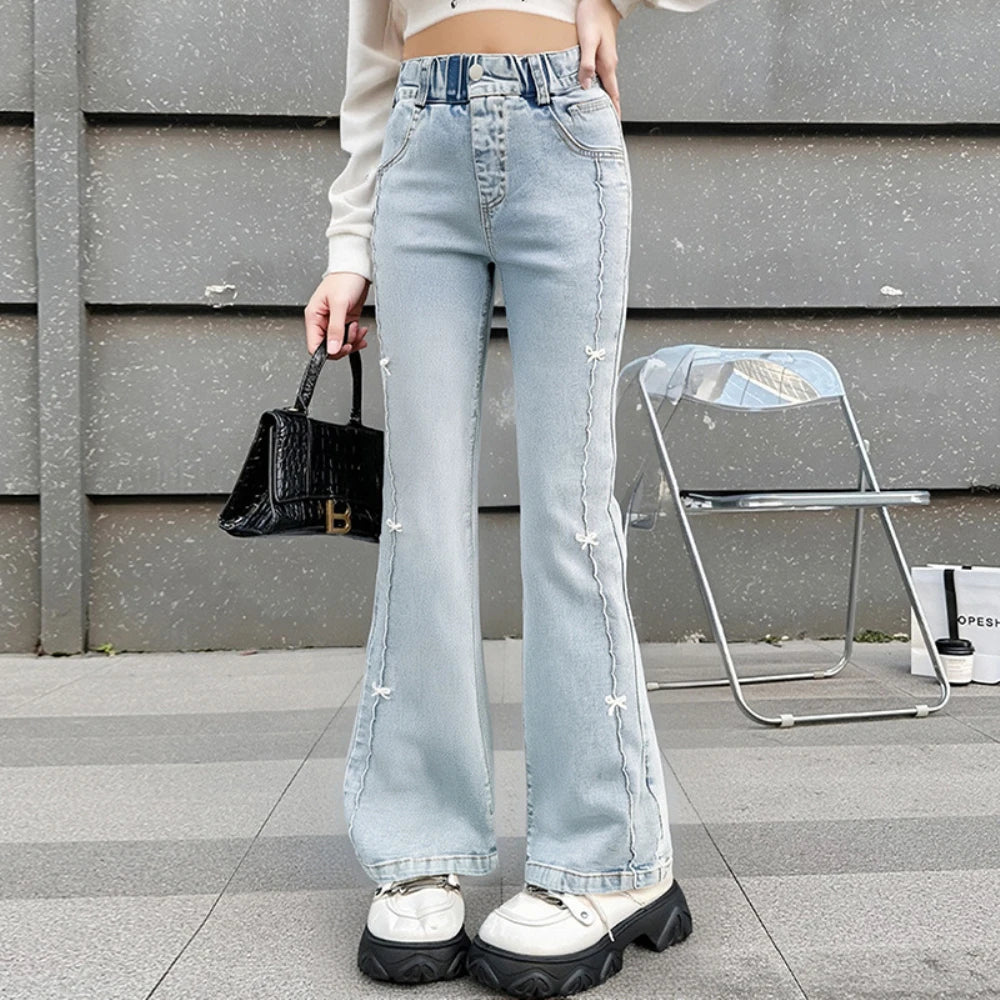 Girls Summer Fashion Jeans with Butterfly New Arrvial Kids Vintage Tight Denim Flare Pants Teenage Slim Trousers