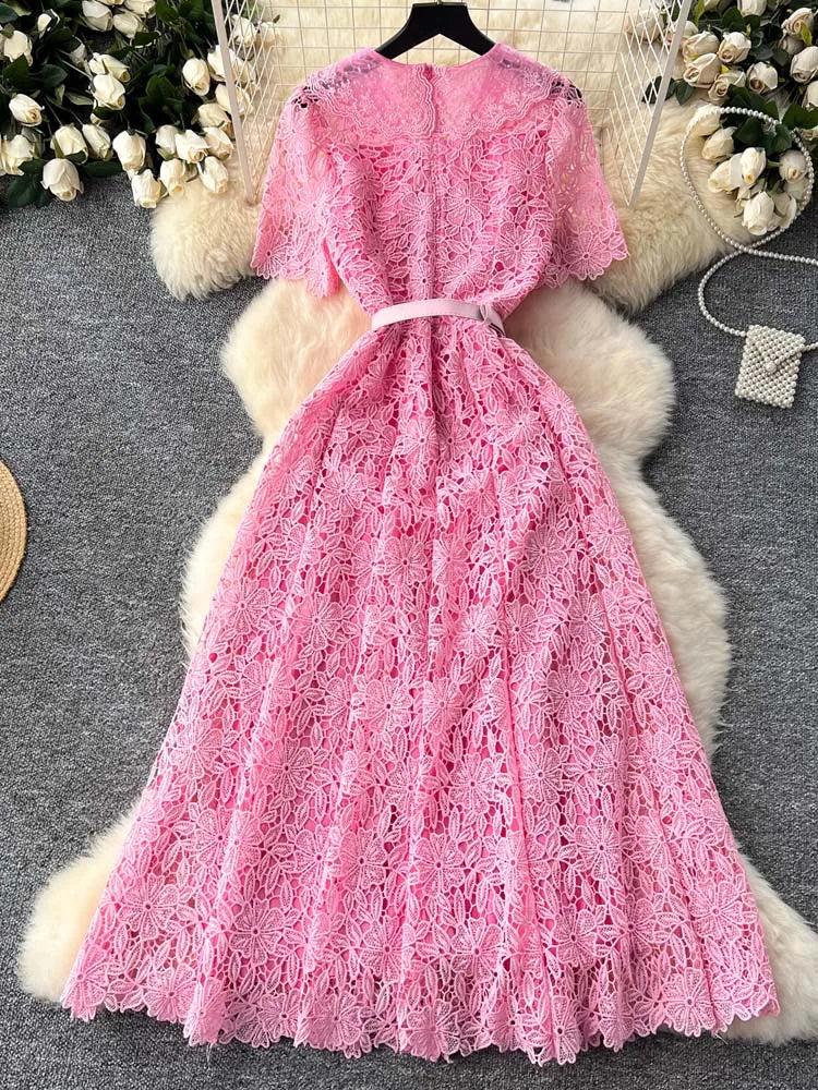 Luxury Pink Lace Midi dress with belt Women's 2025 Summer Elegant V-neck Rhinestone buttons Dresses Party clothing INKEO 4D094