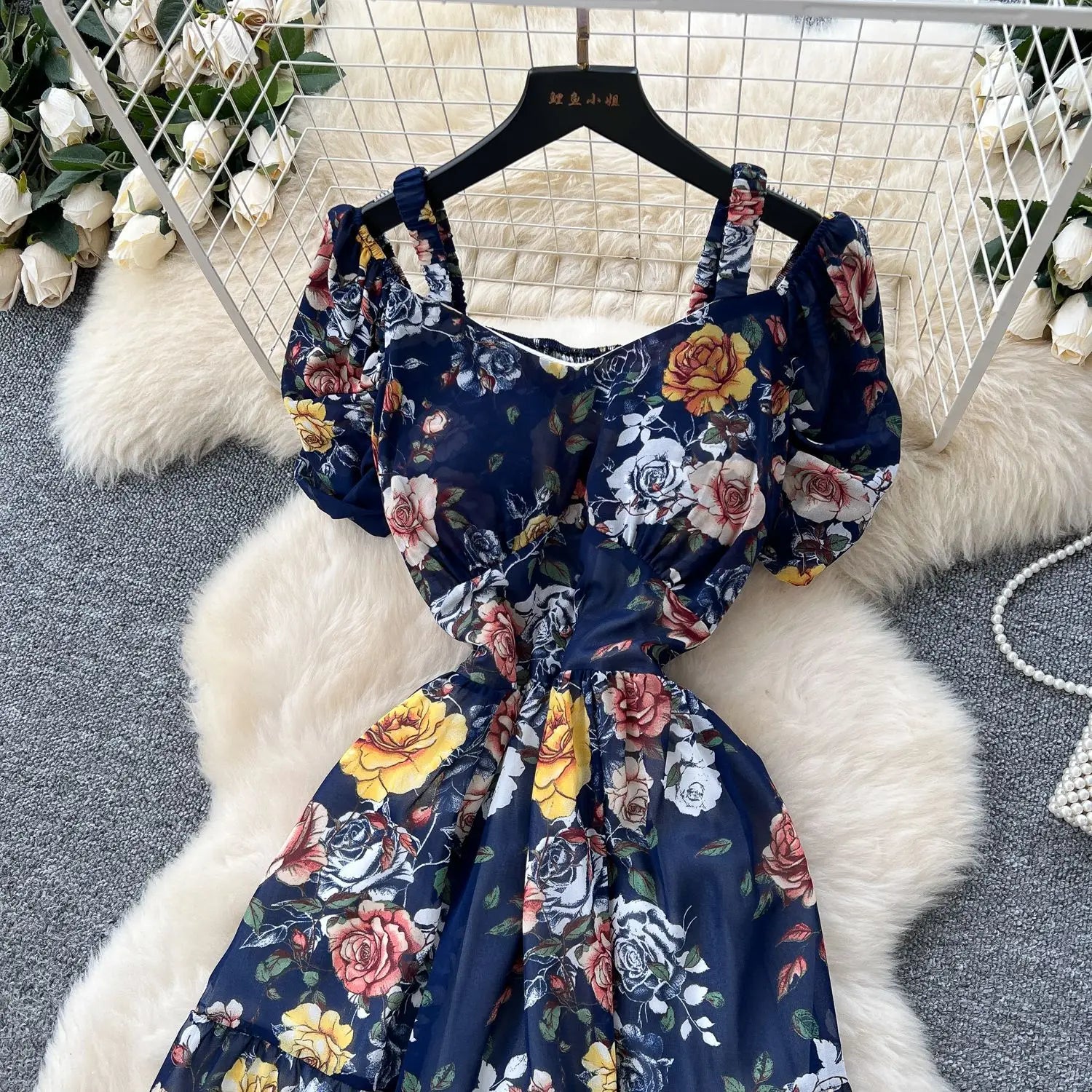 Summer 2025 French Style New Fashion Women's Elegant Trendy Printed Short Puff Sleeve Ankle Length Slim Dresses Female Clothes
